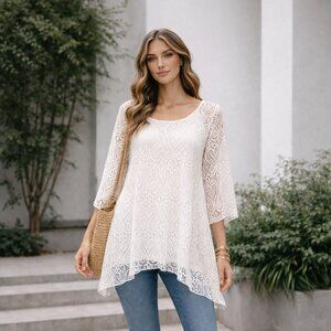 NWT Romantic White Lace Asymmetrical Boho Tunic Top Size Large